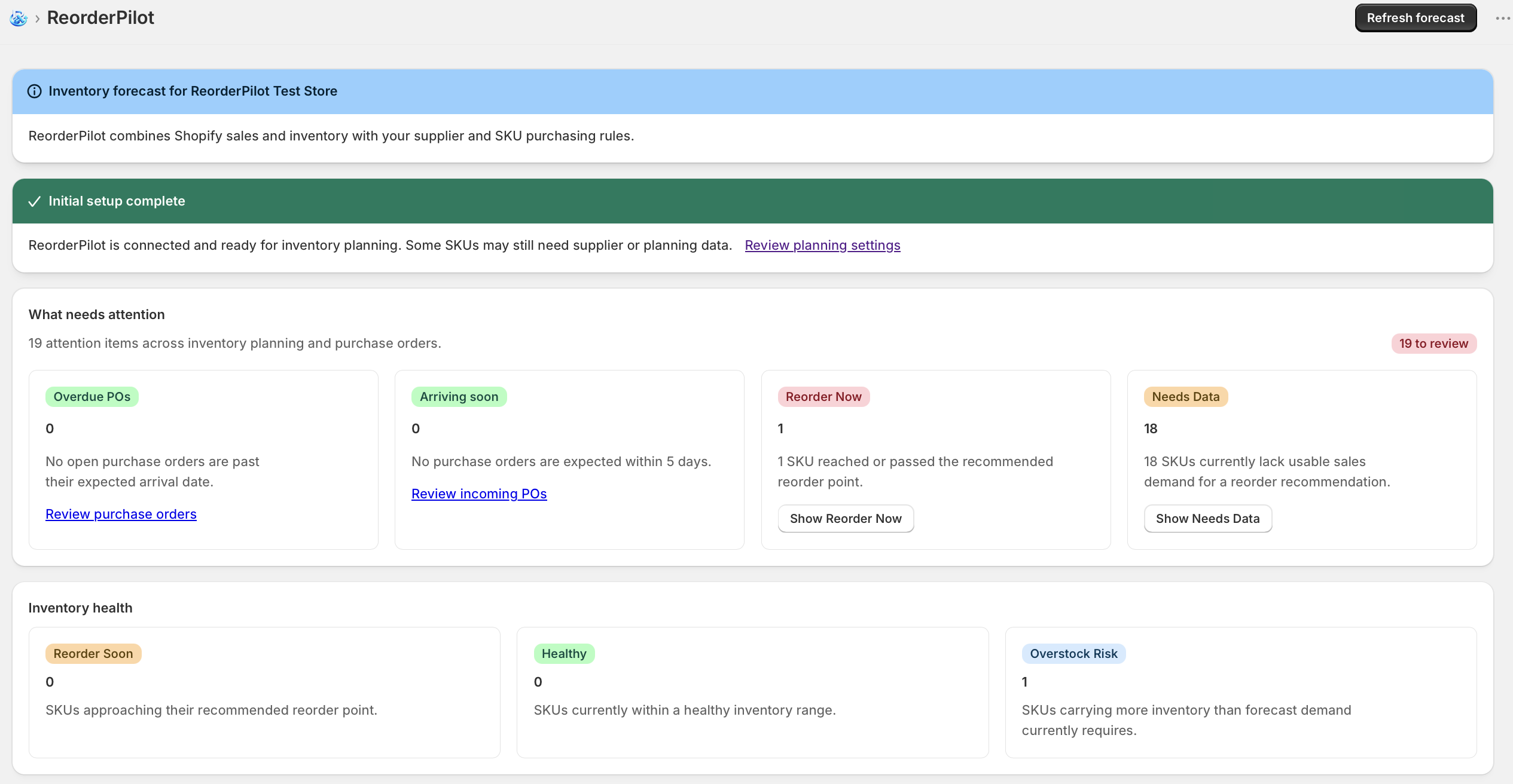 ReorderPilot inventory forecast dashboard showing purchase order attention items, reorder status, incoming inventory, and inventory health